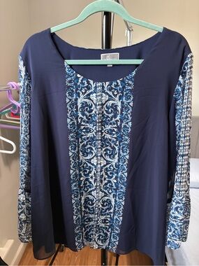 JM Collection Navy Blue Floral-Pattern Blouse’s XL